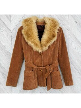 VTG 70s Boho Suede Leather Jacket Faux Fur Collar Belted Penny Lane Size Small